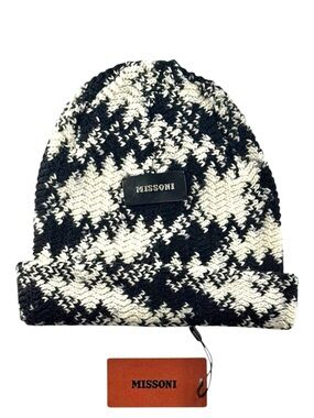 Missoni Made in Italy 100% Wool Knit Beanie Hat Black White Pattern NWT